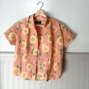 Vintage Bobson Ladies Pink Orange Plaid Sunflower Short Sleeve Shirt F